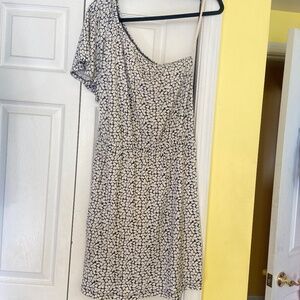 NAVY/CREAM PRINTED ONE SHOULDER MIDI SUNDRESS